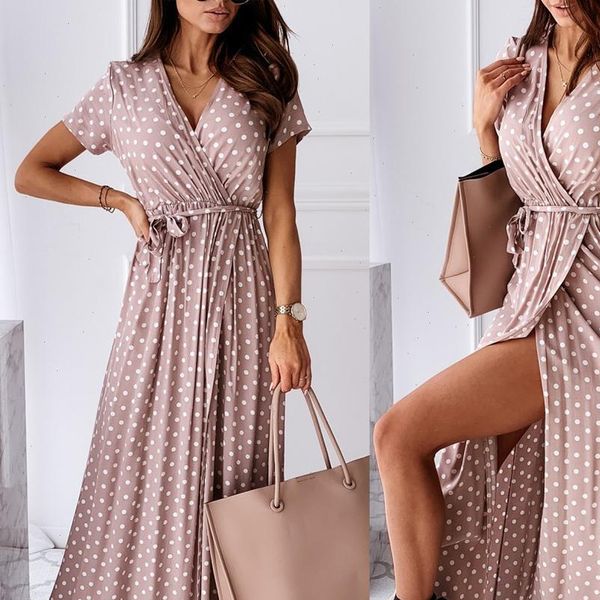

2021 womens dress v neck summer wrap dresses women fashion v neck short sleeve belt dots print front slitting hem long dress, Black;gray