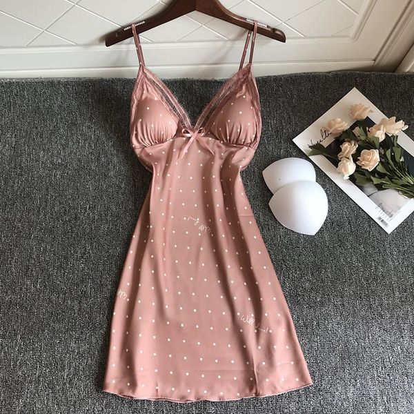 

summer lace dot nightgown women thin hollow out ice silk strap chest pad nightdress, Black;red