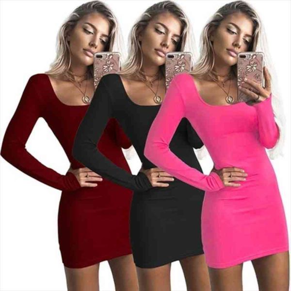 

long sleeve bodycon women dresses club autumn basic solid square neck wine red black woman mini winter, Black;gray