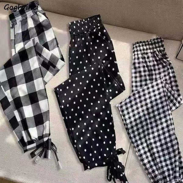 

women's pants & capris casual women elastic-waist ankle-length lace-up plaid vintage loose 2xl womens fashion all-match simple students, Black;white