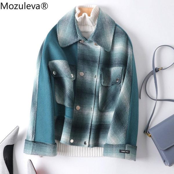 

women's wool & blends mozuleva 2021 double side cashmere winter plaid green woolen coat for women vintage korean short style co, Black