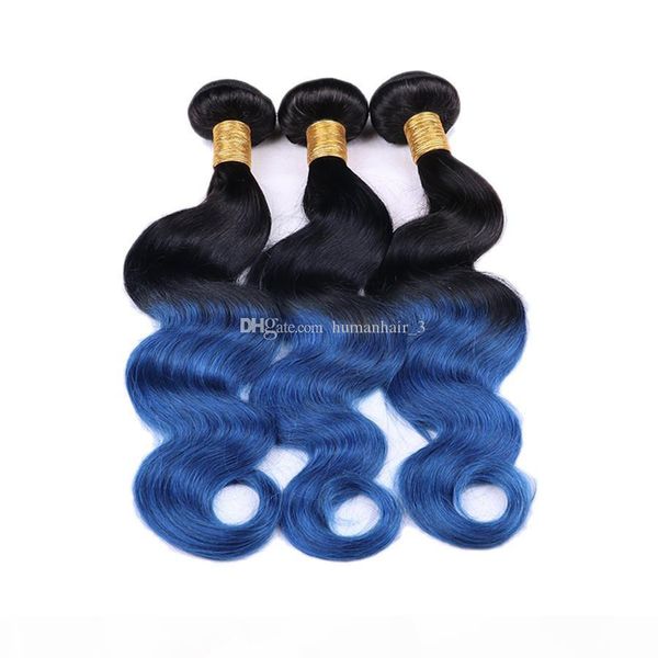 

ombre blue human hair bundles two tone colored 1b blue peruvian virgin hair body wave human hair weaves 3pcs lot, Black;brown