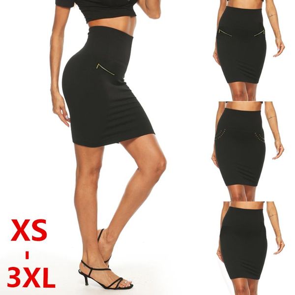 

skirts plus size women summer elastic high waist mini skirt short office party pencil, Black