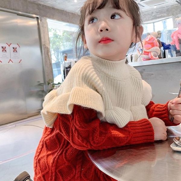 

pullover girl's long sweaters 2021 spring autumn and pullovers ruffles decoration knitted patchwork sweater dress for kids, Blue