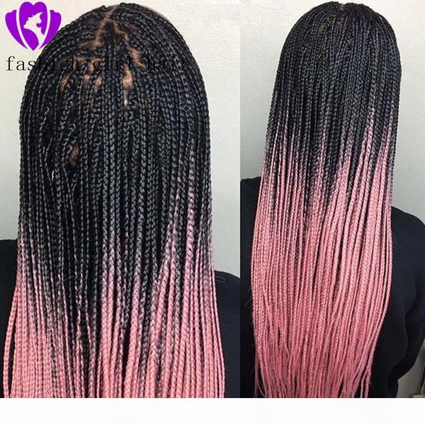 

fashion ombre hair long wig pink color synthetic lace front wigs handtied crochet box braided micro braids wig for black women, Black;brown