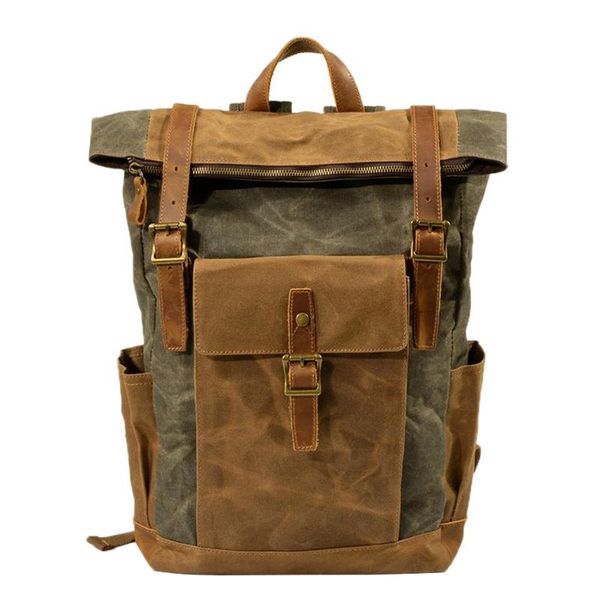 

hard waterproof canvas leather backpack men large capacity waxed daypacks teenagers vintage canvas rucksacks retro bag