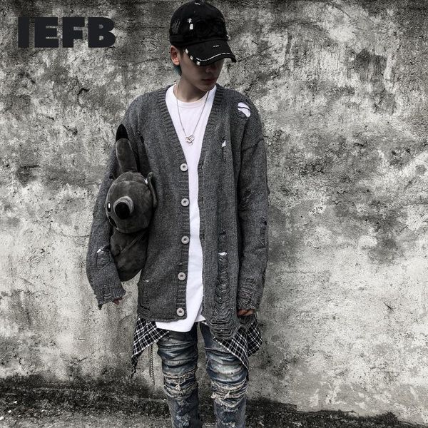 

iefb high street men's wear lightweight hole kintted cardigan big size sweater for couple 2021 spring new single breasted, White;black