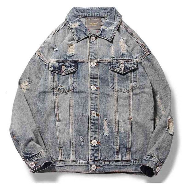 

men's jackets harajuku jean skull embroidery vintage denim men punk casual hole streetwear ruched washed male ha4r, Black;brown