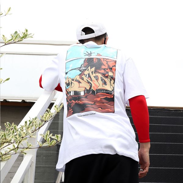 

summer new off bf style letter cartoon graffiti round neck short sleeve t-shirt brand loose casual cotton men's and women's fashio, White;black