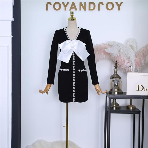 

casual dresses 2021 v-neck long sleeves satin bow beaded high waist knitted dress women 1122, Black;gray