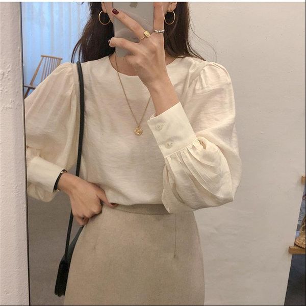 

white loose puff sleeves sweet 2021 all match casual blouses blusas solid chic gentle sweet shirts streetwear