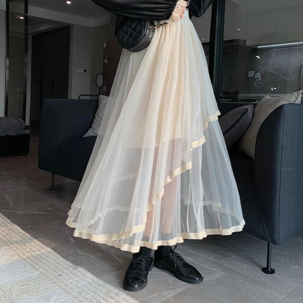 

skirts autumn winter irregular tiered maxi long tulle korean style slanting velvet brim a-line pleated ankle mesh, Black