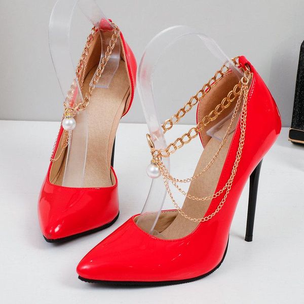 

dress shoes super high heels women's fashion chain thin pointed toe party wedding big size 32-45, Black