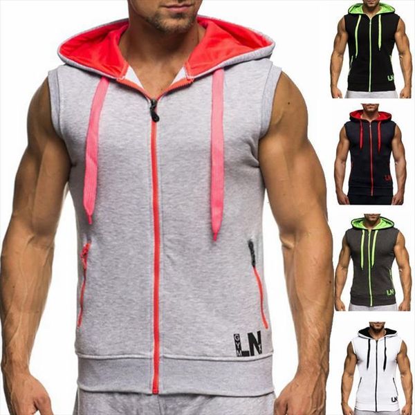 

mens sleeveless sweatshirt hoodies men gym slim vest gilet fitness tank sports hooded joggers sportswear hit color stitching, White;black