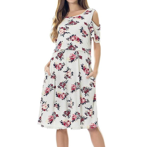 

maternity dress o-neck floral print short sleeve pregnant ropa embarazada plus pregnancy drop dresses, White