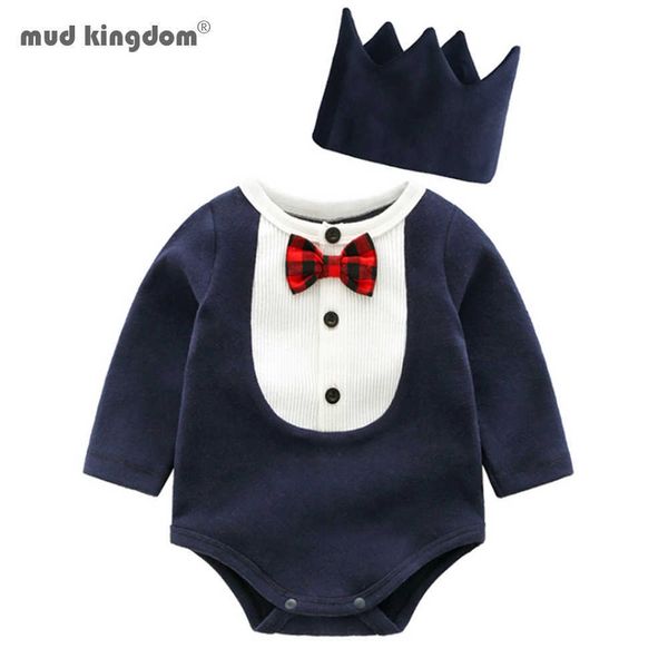Mudkingdom Baby Infant Boy Gentleman Body formale con cappello a corona Tuta a maniche lunghe Set 210615