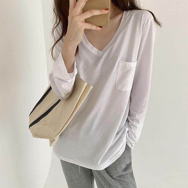 

women's t-shirt female full sleeve cotton white tee girls vintage pockets v-neck loose black tshirts for woman 2021 early autumn