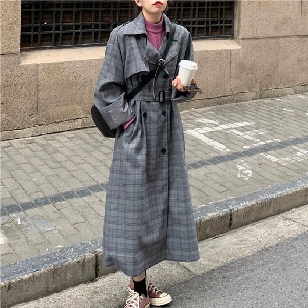

women's trench coats women streetwear double breasted long trend coat sashes vintage plaid windbreaker fashion korean casual loose outw, Tan;black