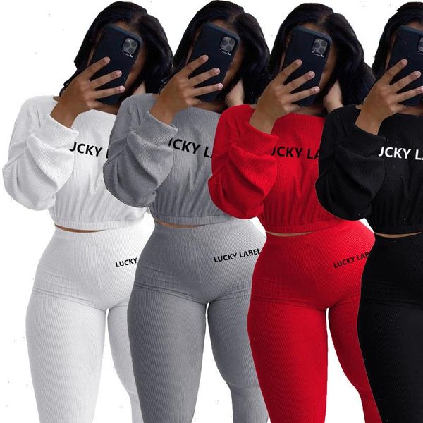 

activewear lucky label embroidery ribbed womens set sweater legging pant set tracksuit fitness two piece outfits, Gray