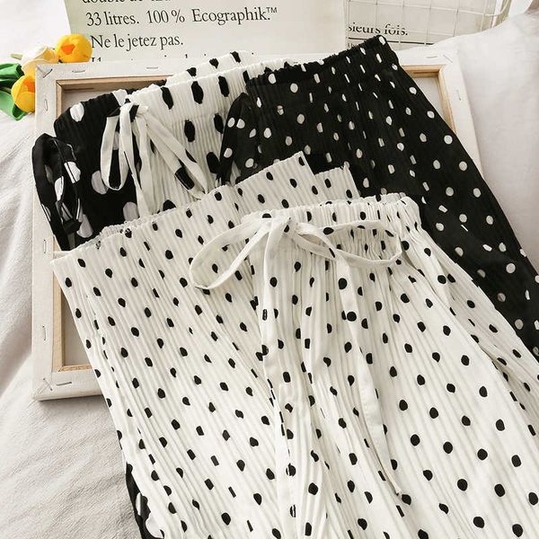 Capris Sommer Kordelzug Elastische Taille Plissee Polka Dot Breite Bein Hose Frauen Chiffon Lose Gerade Pantalones Mujer Schwarz Weiß 210610