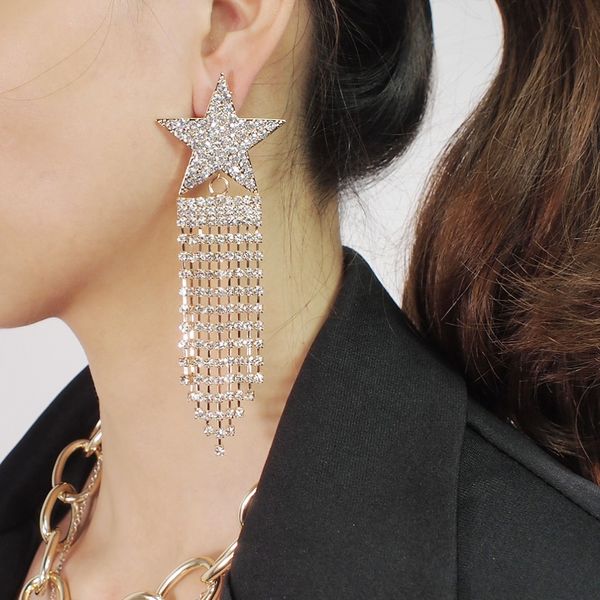 Stud luxo feminino feminino senhoras punk exagerado longas estrelas borlas strass gota brincos dangler studs eardrop