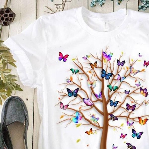 

women t shirts woman butterfly tree print harajuku summer tshirts casual round neck short slee tee shirt drop ship, White