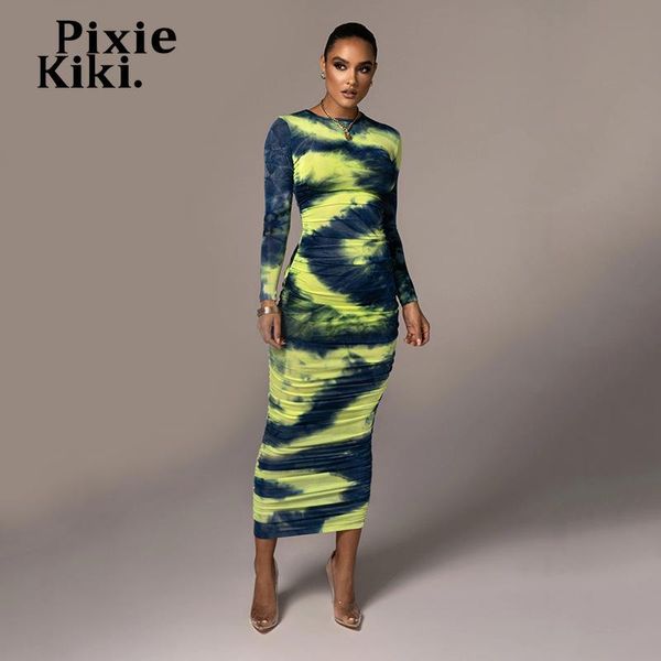 

casual dresses pixiekiki fashion tie dye printed long sleeve maxi for women elegant ruched bodycon dress party club wear p92-dz32, Black;gray
