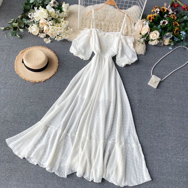 

2021 women white chiffon summer off shoulder spaghetti strap long elegant ladies boho bodycon vestido mujer vx0e, Black;gray