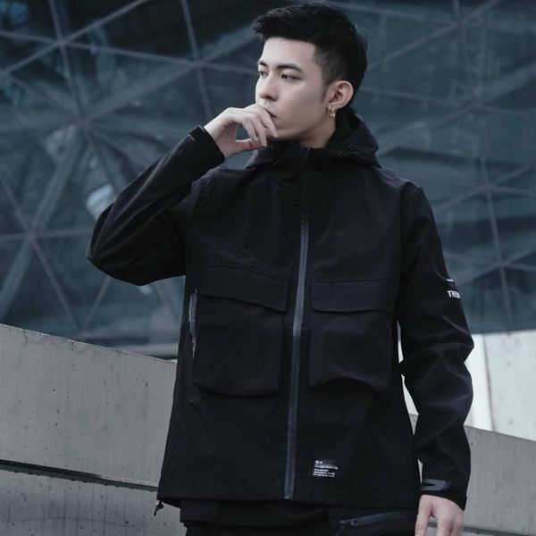 

men's vests croxx lightweight hoody jakcet cargo jacket hardshell water resistant tecwear style avant garde fashion, Black;white
