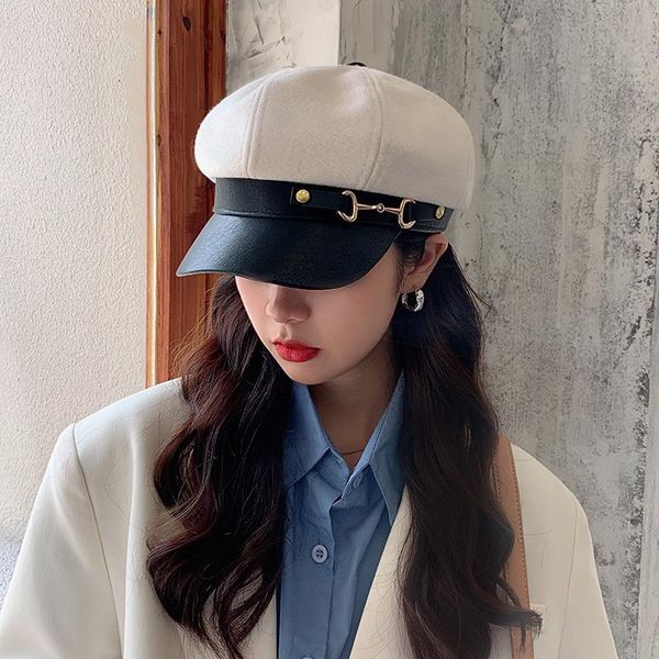 

stingy brim hats women's hat flat cap military spring autumn pu octagonal solid color young student female, Blue;gray