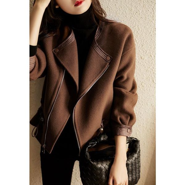 

women's wool & blends 2021 fall/winter coat, fashionable drawstring design, double-sided woolen faux short elegant jacket women, Black