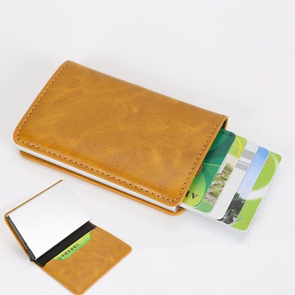 

card holders holder wallet men women metal rfid vintage aluminium bag crazy horse pu leather bank cardholder case, Brown;gray