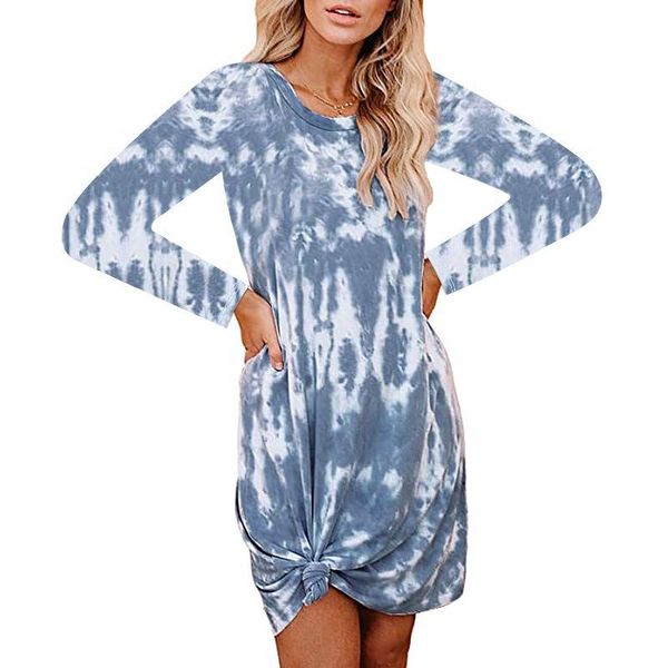

casual dresses autumn women's long sleeve o neck pullover bow tie dye printed dress loose beachwear a-line mini, Black;gray