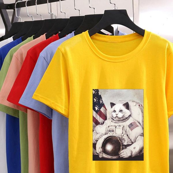 

astronaut among cats graphic harajuku t shirt with hipster loose retro new tshirt women personality fashion tshirt, White