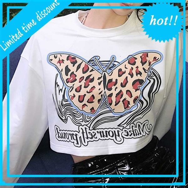 

autumn and winter 2021 new women's fashion butterfly print loose round neck navel t-shirt for women, White