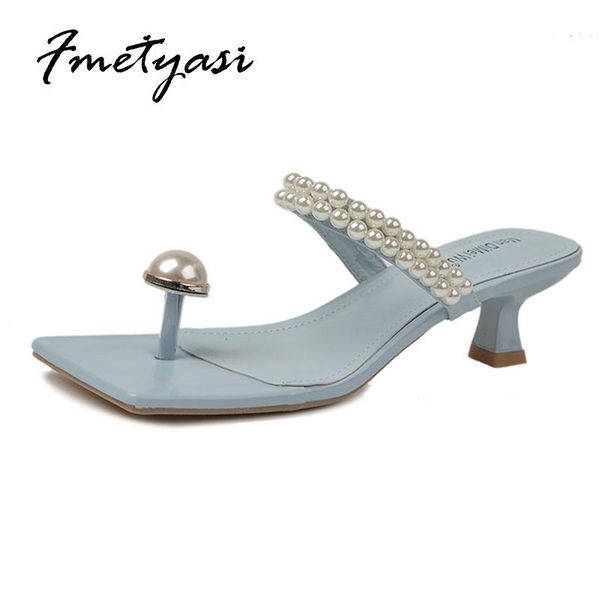 

sandals high heels shoes woman medium heel summer slip-on wear-resistant pu pearl square toe stiletto flip flops sewing, Black