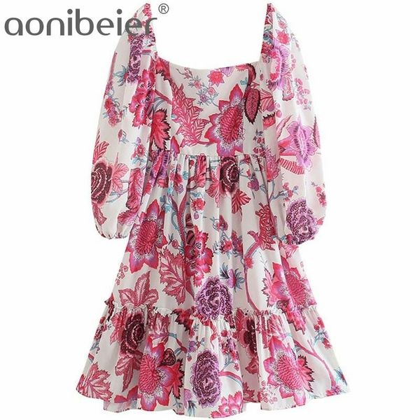 

printed summer puff sleeve square collar shirred back women casual midi skater dress knee length ruffles female 210604, Black;gray