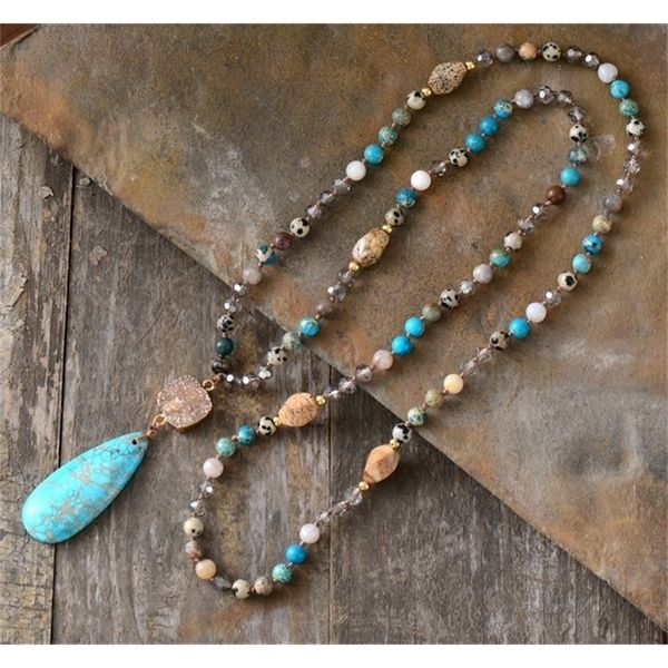 

long natural stones crystals druzy teardrop pendant women chain bead yoga necklace dropshipping t200113, Silver