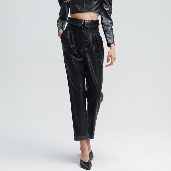 

harem pants for women high waist patchwork pu loose streetwear full length black trousers female 2021 new clothing, Black;white