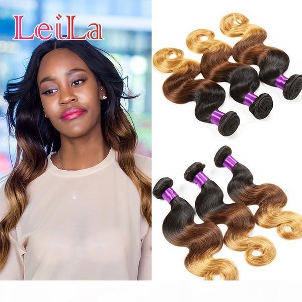 

indian human hair 3 bundles 1b 4 27 body wave hair extensions 95-100 g three tone color 1b 4 27, Black;brown