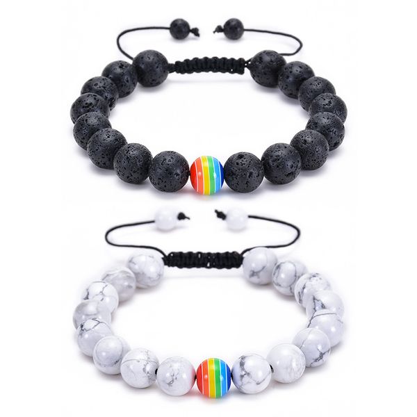 LGBT Rainbow Bead Gay Pride 10mm Turquesa Strand Preto Lava Pedra Trançada Pulseira Frisada Para As Mulheres Homens Yoga Buda Energia Jóias