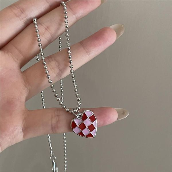

pendant necklaces harajuku drop oil multicolor metal peach heart vintage love grid beads chains necklace trendy women jewelry, Silver