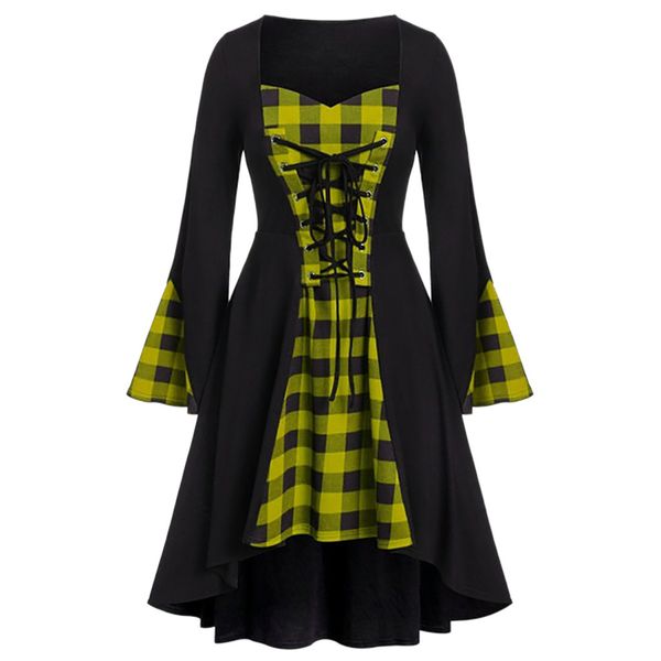 

2021 new women dress plus size s-5xl halloween lattice lace up patchwork long sleeve party vintage female autumn winter dress, Black;gray