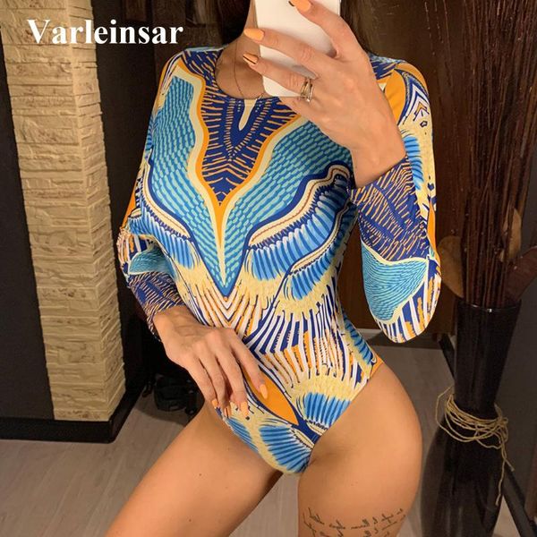 

2021 colorful vintage printed women swimwear one piece swimsuit female splicing long sleeve bather bathing suit swim lady v2471