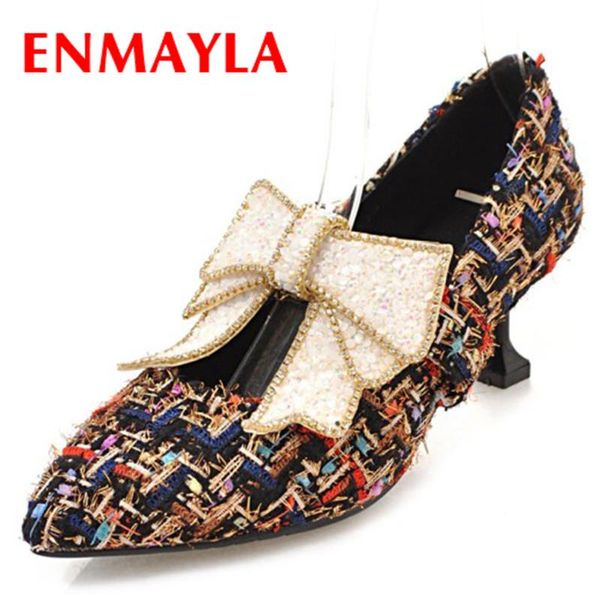 

dress shoes enmayla pointed toe pumps woman high heels bowties charms black apricot white slip-on mary janes plus size 43