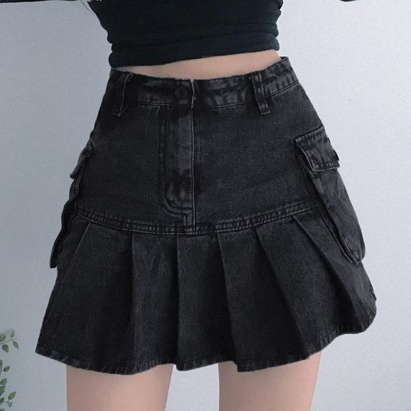 

skirts skirt 2021 women's high waist slim black denim pocket a-line pleated skirt