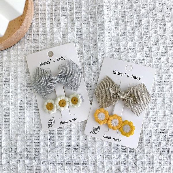 

hair accessories golden silver string bow clips for girls floral daisy kids hairpins cloth wrapped barrettes child, Slivery;white