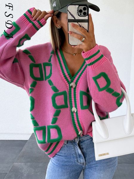 

2021 v ne long sleeve caridigan women green autumn winter knitted sweater loose casual fashion jumper vintage, Black