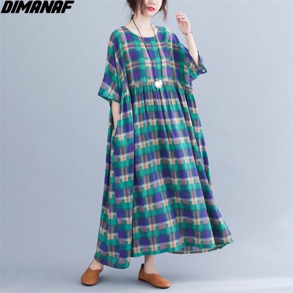 

plus size summer dress women elegant sundress oversize plaid print long linen loose big casual lady 4xl 5xl 210531, Black;gray