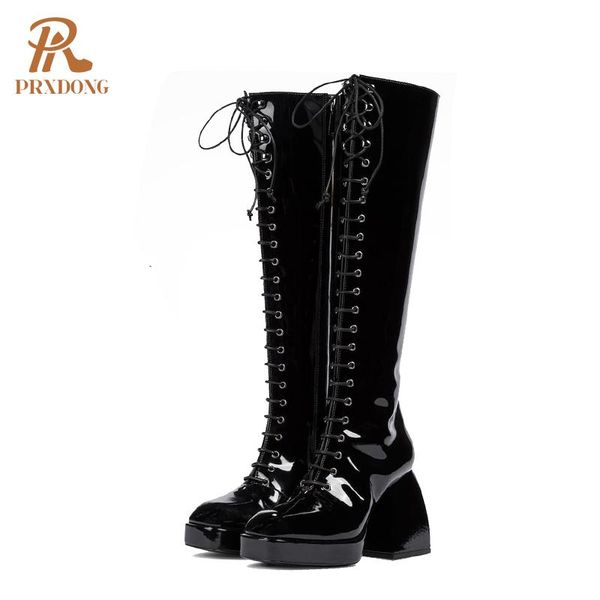

boots 2021 fashion women knee high rome thick heels platform female shoes lace up zipper black beige plus size 43